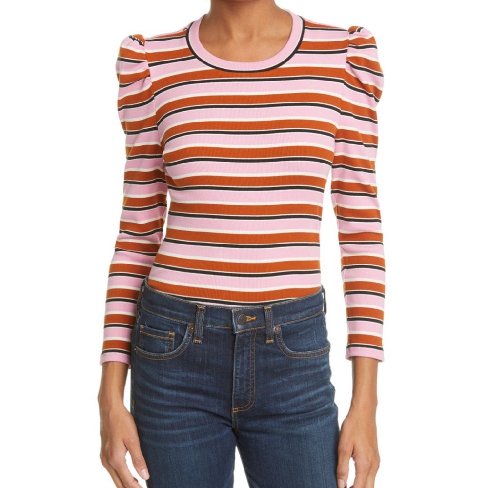 Veronica Bears Britney Pink Striped Puff Sleeve Shirt Size Medium
